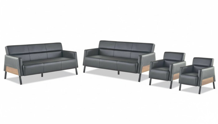 Sofa-Set 3-Sitzer 2x Sessel Schwarz Ledersofas Modern Leder Holz Weich
