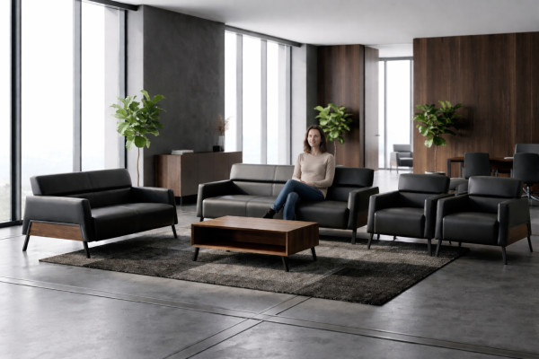 Komplett Set 3-Sitzer 2-Sitzer Sessel Schwarz Leder Lehnsessel Couch