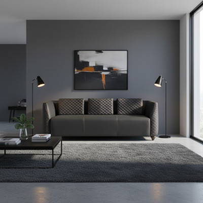 Ledersofa 3-Sitzer Schwarz Holz Modern Design Kissen Polster Leder Couch