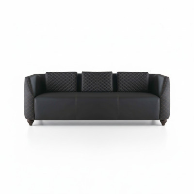 Ledersofa 3-Sitzer Schwarz Holz Modern Design Kissen Polster Leder Couch