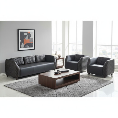 Ledersofas 3-Sitzer Sessel Schwarz Komplett Couch Modern Polster Kissen