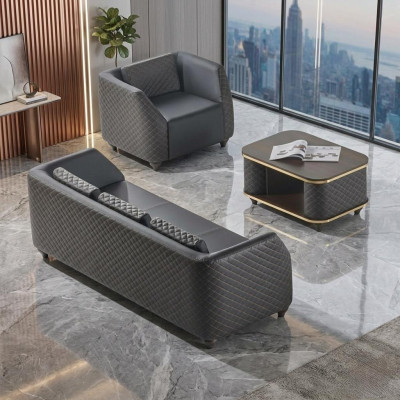Sofa-Set 3-Sitzer Sessel Couchtisch Schwarz Braun Leder Polster Holz