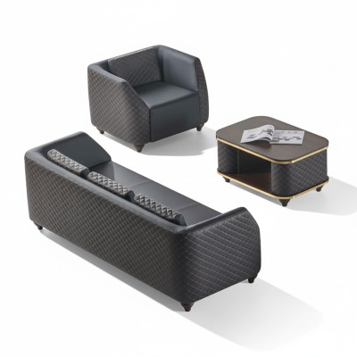 Sofa-Set 3-Sitzer Sessel Couchtisch Schwarz Braun Leder Polster Holz