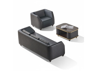 Sofa-Set 3-Sitzer Sessel Couchtisch Schwarz Braun Leder Polster Holz