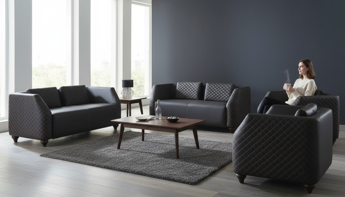 Sofa-Set Ledersofas 2-Sitzer 2x Sessel Schwarz Sitzmöbel Modern Lehnsessel