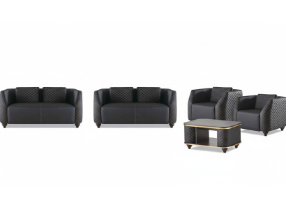 Sofa-Set 2-Sitzer Sessel Couchtisch Schwarz Braun Polster Leder Kissen
