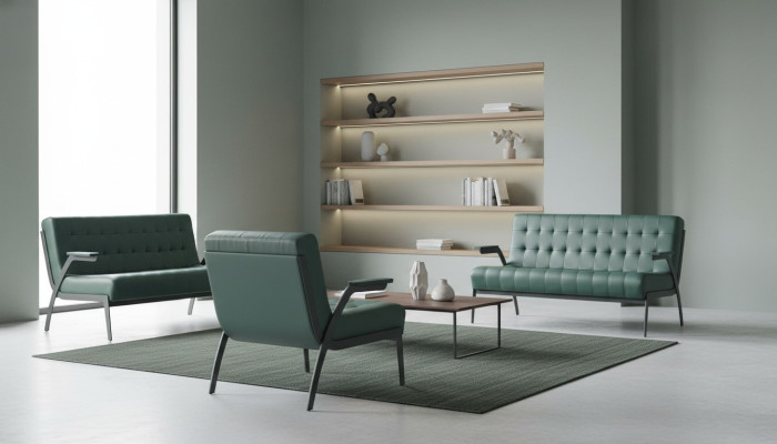 Sofa-Set 2-Sitzer Sessel Grün Edelstahl Modern Leder Chesterfield Holz