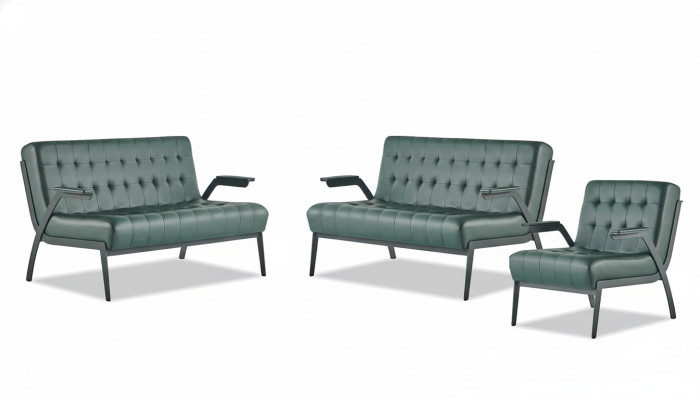 Sofa-Set 2-Sitzer Sessel Grün Edelstahl Modern Leder Chesterfield Holz
