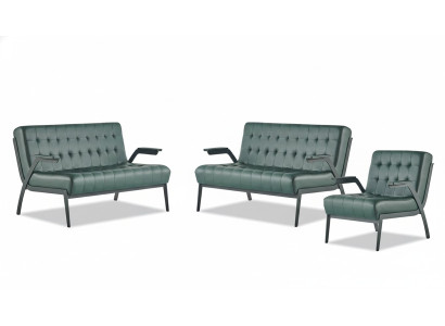 Sofa-Set 2-Sitzer Sessel Grün Edelstahl Modern Leder Chesterfield Holz
