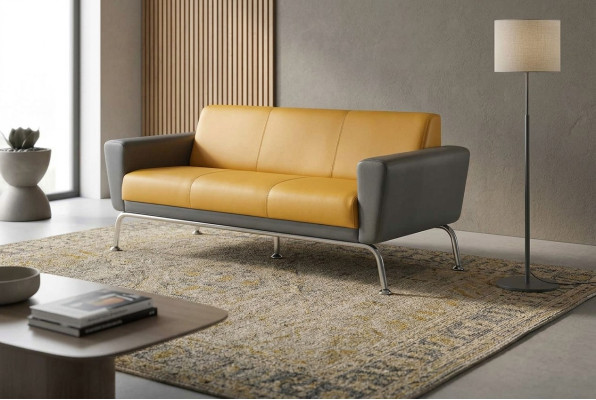 Ledersofa Gelb Grau 3-Sitzer Sofa Dreisitzig Leder Edelstahl Modern Holz