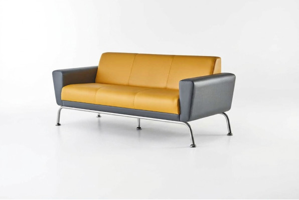 Ledersofa Gelb Grau 3-Sitzer Sofa Dreisitzig Leder Edelstahl Modern Holz