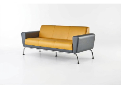 Ledersofa Gelb Grau 3-Sitzer Sofa Dreisitzig Leder Edelstahl Modern Holz