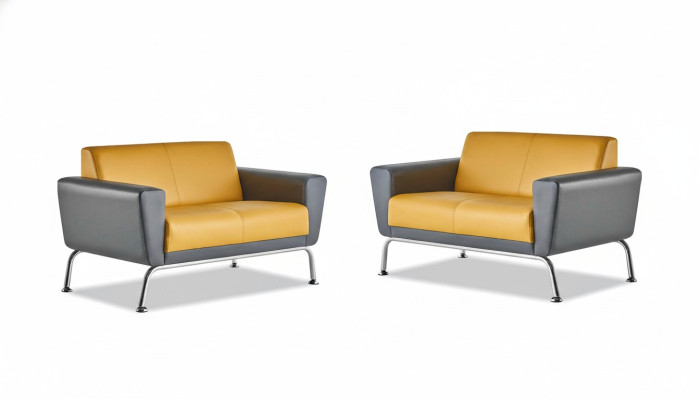 Ledersofas Sofa-Set 2-Sitzer Gelb Grau Edelstahl Modern Couch Komplett
