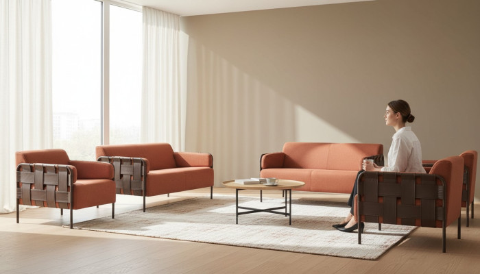 Sofa-Set 2-Sitzer 2x Sessel Orange Modern Textil Edelstahl Sofagarnituren