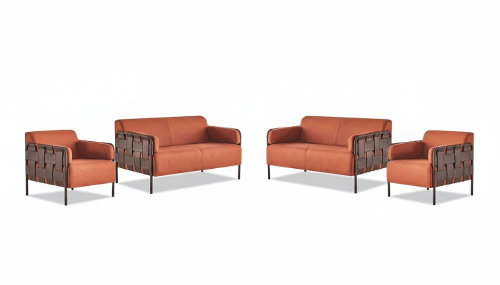 Sofa-Set 2-Sitzer 2x Sessel Orange Modern Textil Edelstahl Sofagarnituren