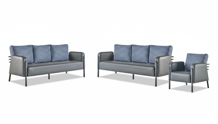 Sofa-Set Grau Blau Ledersofa 3-Sitzer Sessel Modern 1-Sitzer Leder Textil