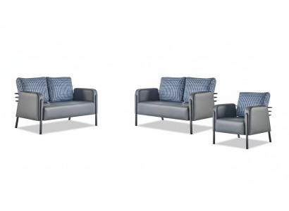 Komplett Ledersofa Set 2-Sitzer Sessel Modern Grau Blau Leder Textil