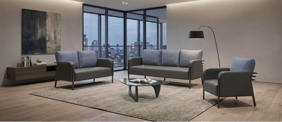 Moderner Sofa-Set 3-Sitzer 2-Sitzer Sessel Blau Grau Leder Edelstahl