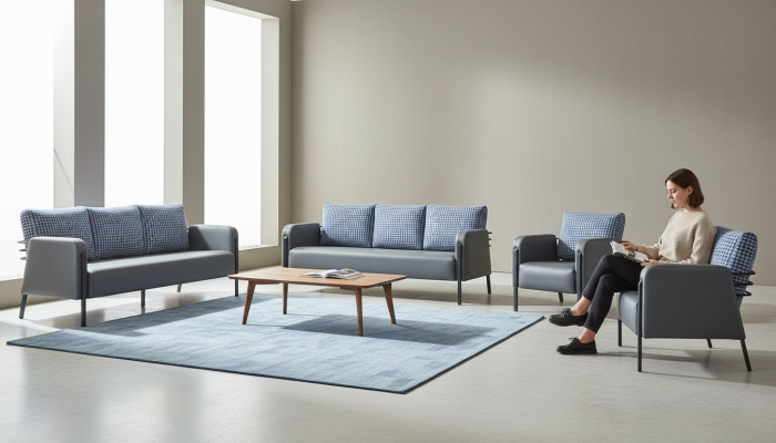 Sofas Polster Edelstahl Ledersofa-Set 3-Sitzer Sessel Grau Blau Textil