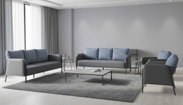 Sofas Polster Edelstahl Ledersofa-Set 3-Sitzer Sessel Grau Blau Textil