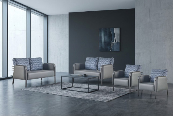 Sofagarnitur Polster Set 3-Sitze Sessel Blau Grau Ledersofas Polster