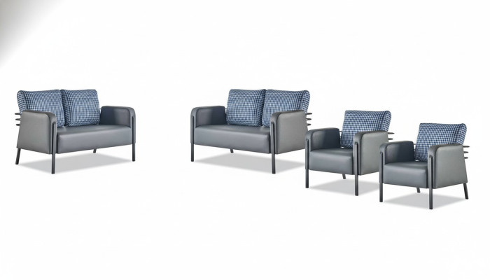 Sofagarnitur Polster Set 3-Sitze Sessel Blau Grau Ledersofas Polster