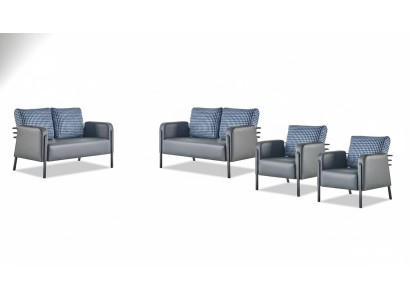 Sofagarnitur Polster Set 3-Sitze Sessel Blau Grau Ledersofas Polster