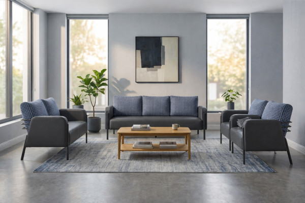 Komplett Sitzmöbel Set 3-Sitzer 2-Sitzer Sessel Grau Blau Leder Polster