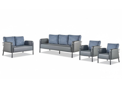 Komplett Sitzmöbel Set 3-Sitzer 2-Sitzer Sessel Grau Blau Leder Polster