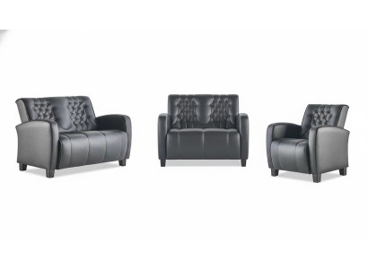 Ledersofa-Set 2-Sitzer Sessel Chesterfield Couch Schwarz Modern Knöpfe