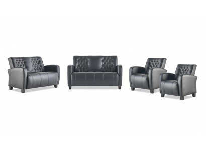 Sofagarnitur-Set 2-Sitzer Sessel Schwarz Chesterfield Modern Ledersofas