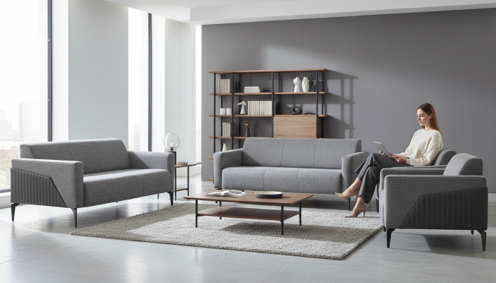 Sitzmöbel Komplett Modern Set 3-Sitzer Sessel Grau Textil Edelstahl Leder