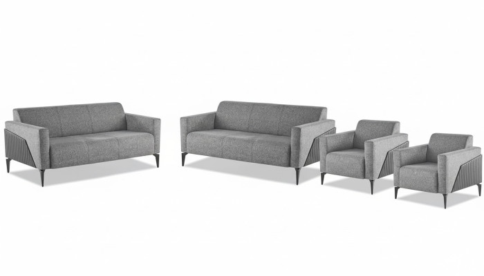Sitzmöbel Komplett Modern Set 3-Sitzer Sessel Grau Textil Edelstahl Leder