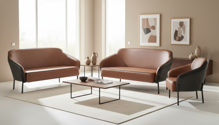 Sofagarnitur Leder Edelstahl Set 2-Sitzer Sessel Braun Schwarz Ledersofas