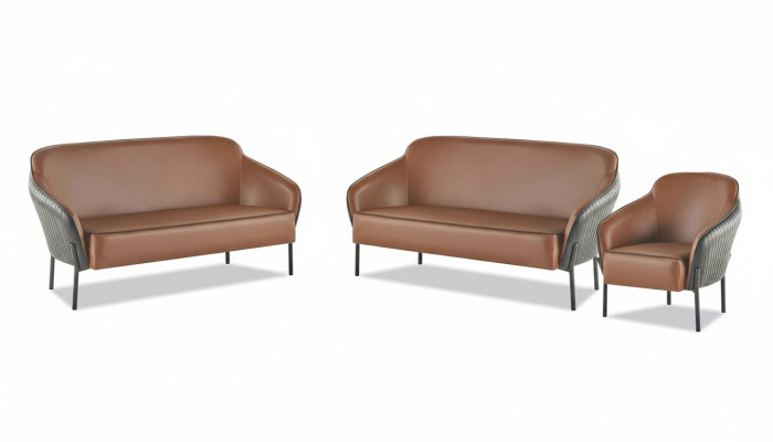 Sofagarnitur Leder Edelstahl Set 2-Sitzer Sessel Braun Schwarz Ledersofas