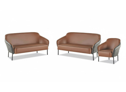 Sofagarnitur Leder Edelstahl Set 2-Sitzer Sessel Braun Schwarz Ledersofas