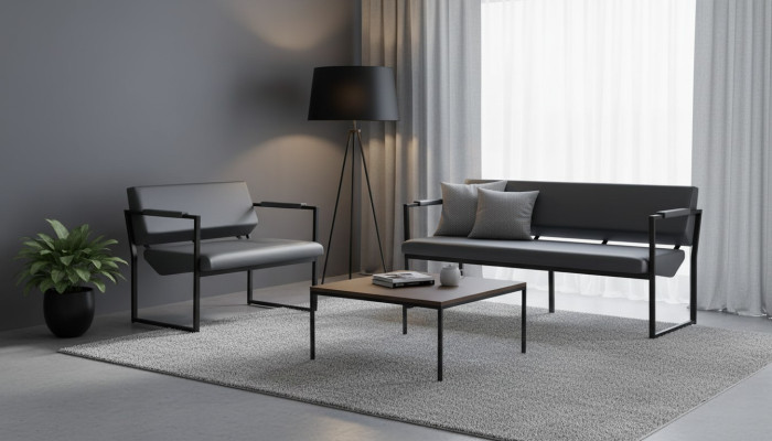 Ledersofas Set 3-Sitzer 2-Sitzer Schwarz Leder Modern Edelstahl Couch