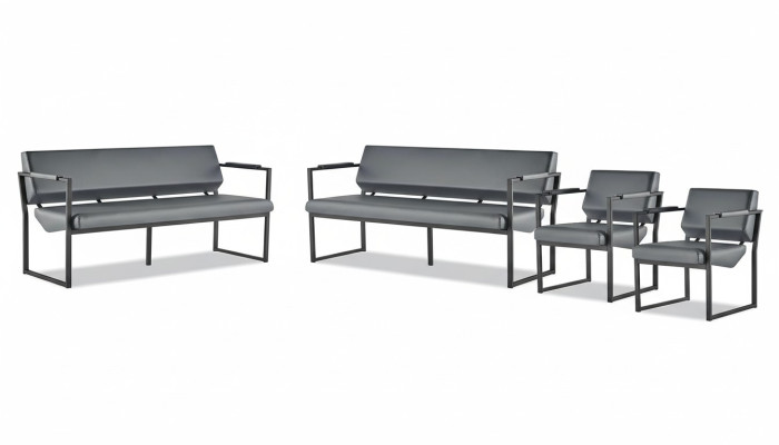 Sofagarnitur Schwarz Modern Ledersofa Sofa-Set 3-Sitzer Sessel Edelstahl
