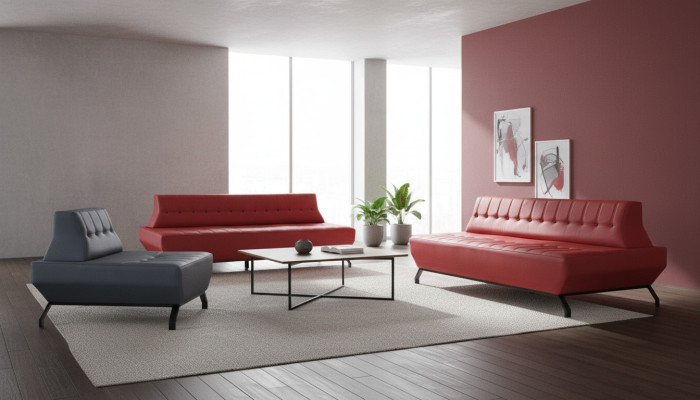 Sofa-Set Rot 3-Sitzer Grau Sessel Art Deco Sofas Chesterfield Couch Leder