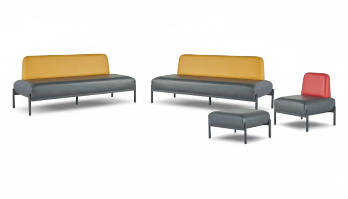 Sofas 3-Sitzer Sessel Hocker Schwarz Gelb Rot Art Deco Leder Komplett