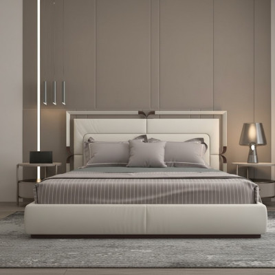 Moderný luxusný čalúnený rám postele v béžovej farbe s hnedými akcentmi a elegantnou hlavou postele