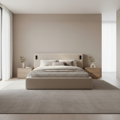 Moderná posteľ v béžovej farbe s LED osvetlením a luxusným čalúnením