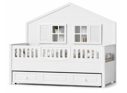 Weißes Kinderbett im Haus-Design mit Stauraum und verspielten Fenstern