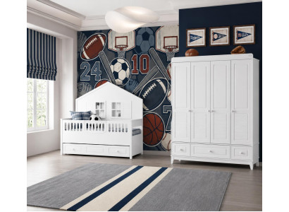 Weißes Kinderzimmer-Set mit Kinderbett im Haus-Stil und Kleiderschrank