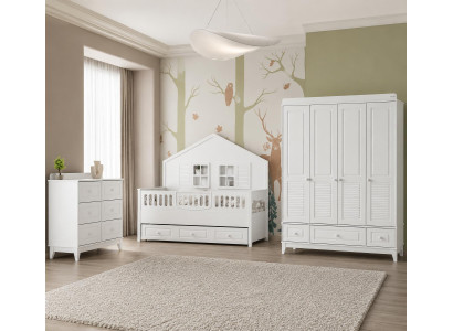 Weißes Kinderzimmer Set mit Kinderbett Kleiderschrank und Kommode