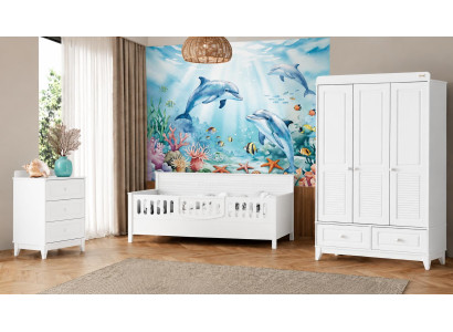 Weißes Kinderzimmer-Komplettset mit Bett Kleiderschrank und Kommode