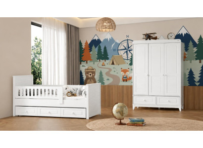 Weißes Kinderzimmer-Komplettset mit Bett und Kleiderschrank aus Holz