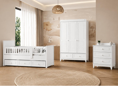 Weißes Kinderzimmer Set mit Bett Kleiderschrank und Kommode aus Holz
