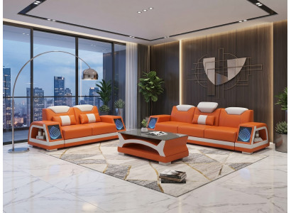 Wohnzimmer Sofa Set 3-Sitzer 2-Sitzer Orange Weiß LED Couch Design *