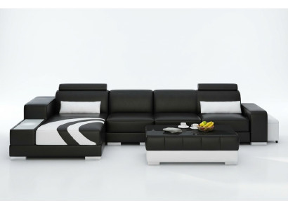 Sofa Couch Wohnlandschaft XXL Couch Ledersofa mit Ottomane Sofagarnitur V015
